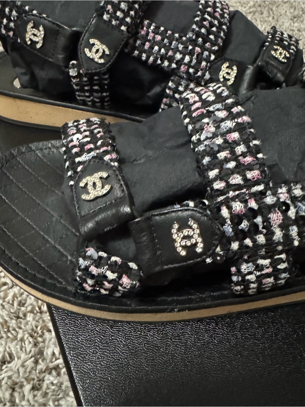 CHANEL Black Tweed Platform Sport Sandals with Logo Accents - Picture 3 of 4